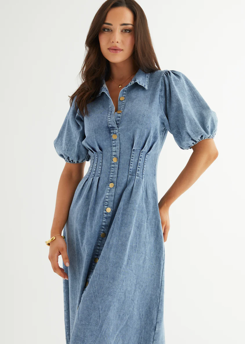 Yves Stretch Denim Midi Dress - Washed Blue - Honorern