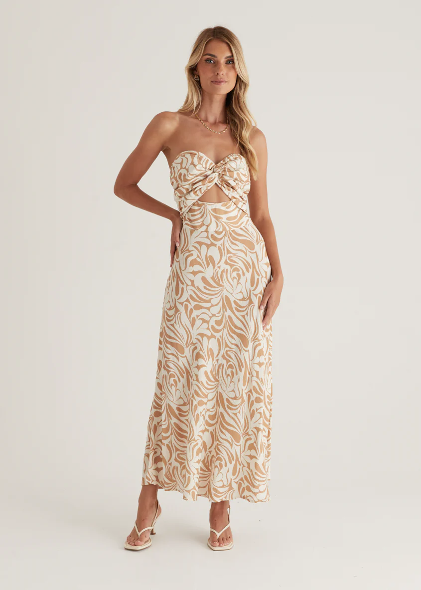 Bindi Strapless Maxi Dress - Beige Swirl - Honorern
