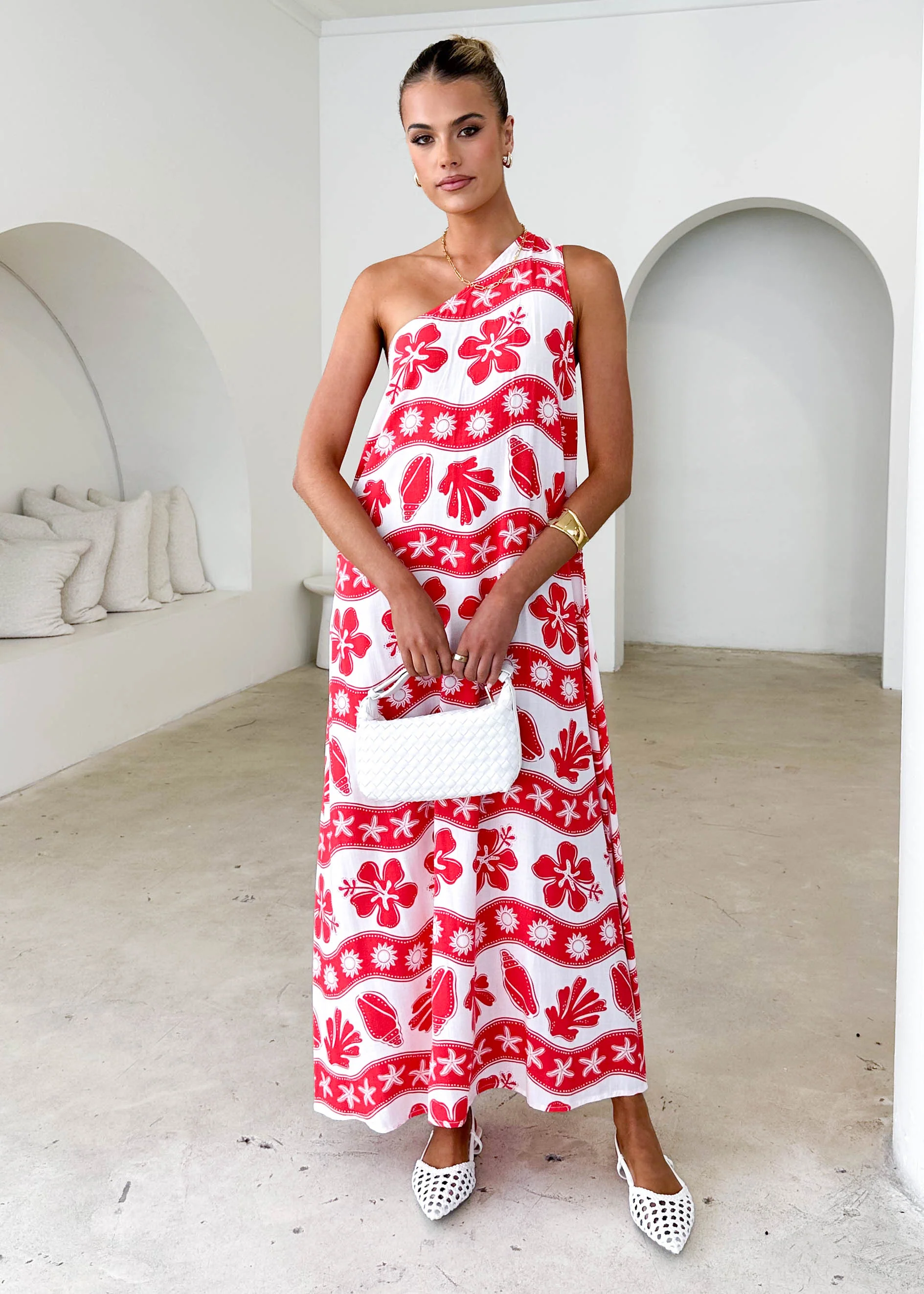 Boderie One Shoulder Maxi Dress - Red Kaida - Honorern