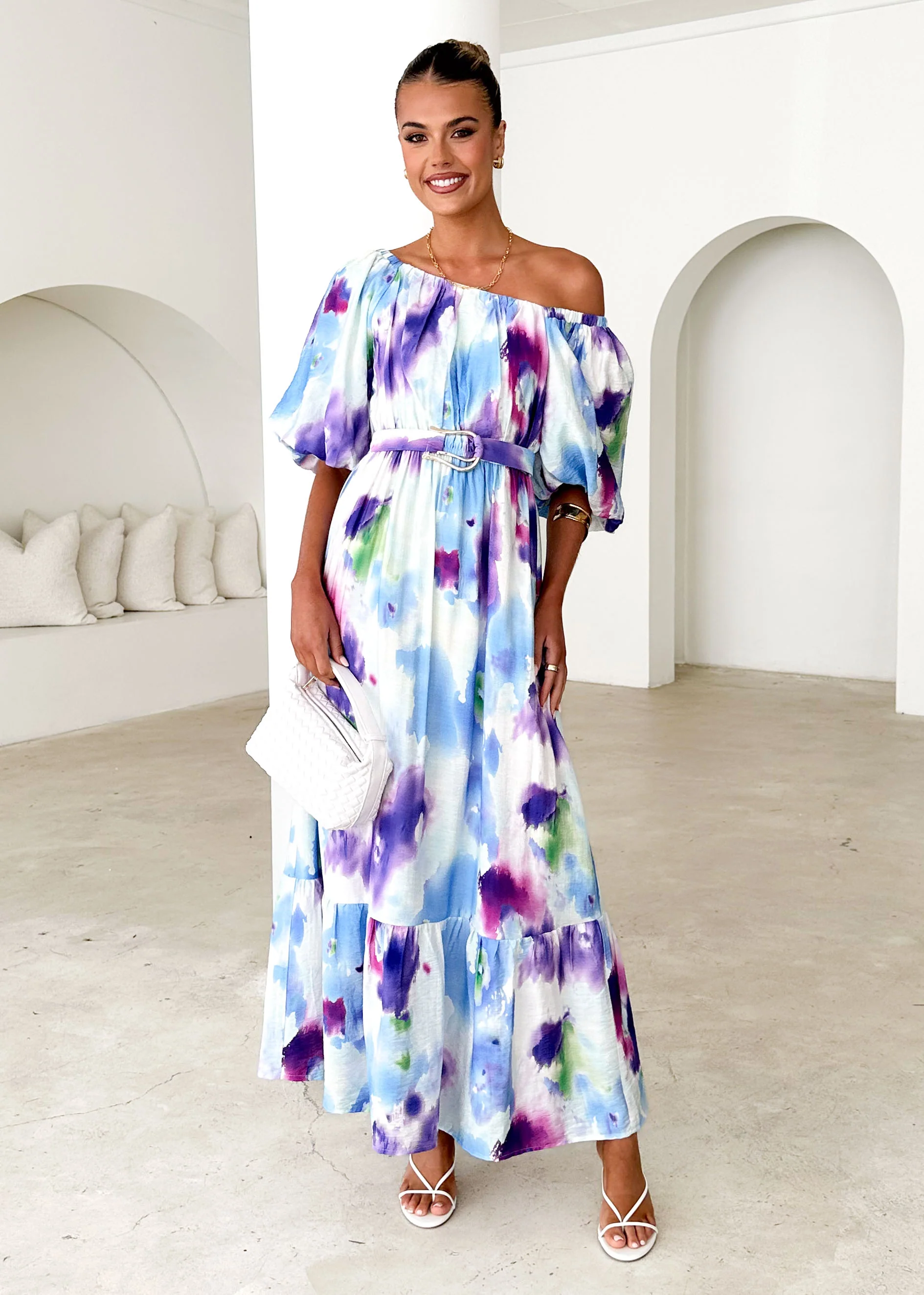 Halia Off Shoulder Midi Dress - Violet Watercolour - Honorern