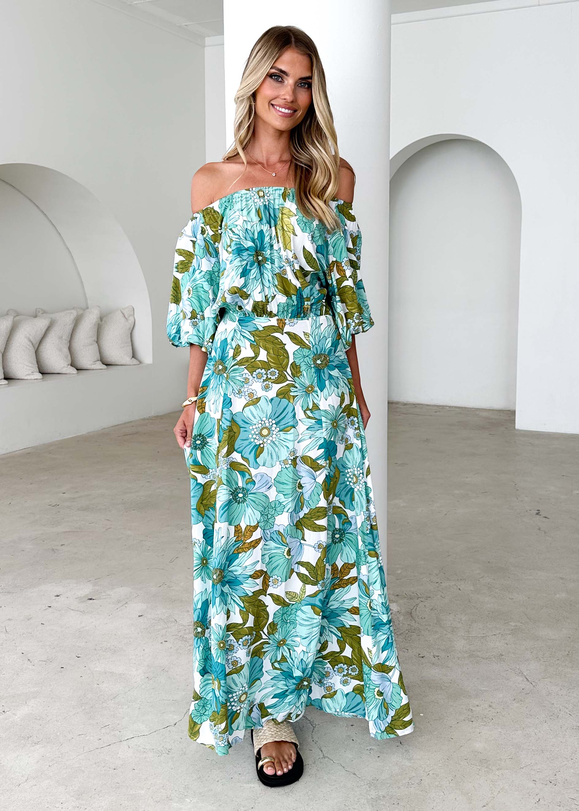 Hallie Off Shoulder Maxi Dress - Amaya Green - Honorern