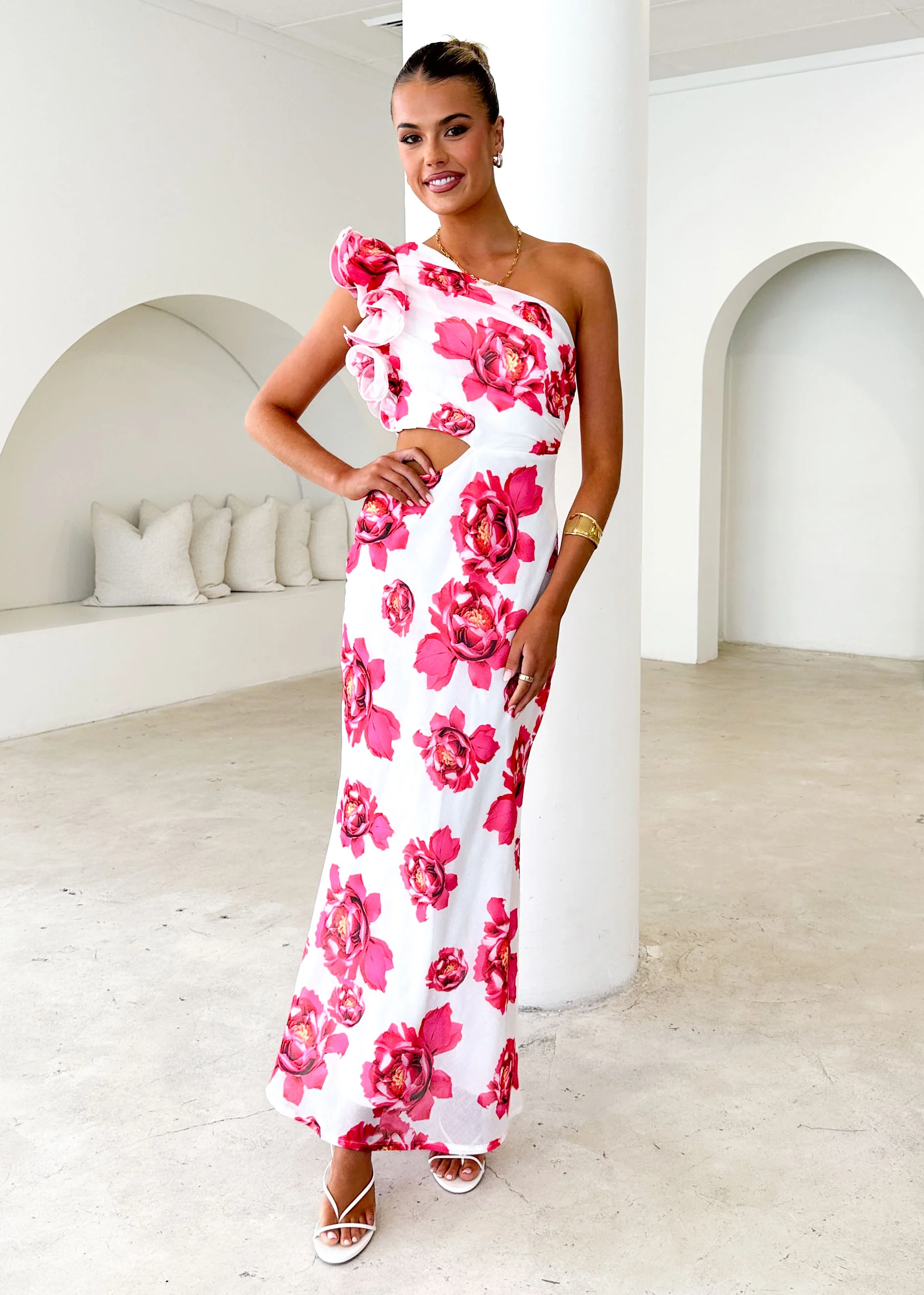 Edon One Shoulder Maxi Dress - Red Floral - Honorern