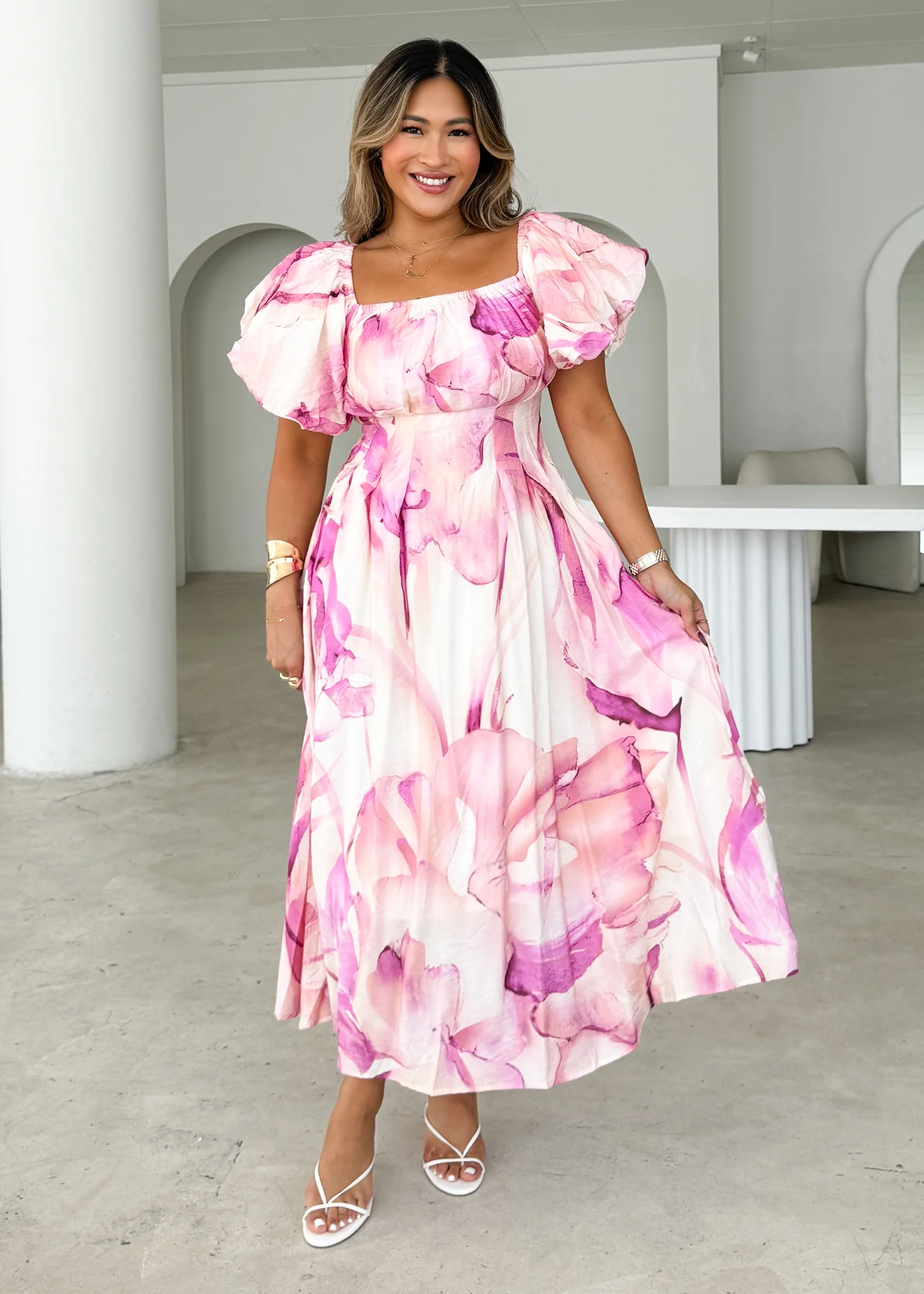 Reece Off Shoulder Midi Dress - Fuchsia Flame - Honorern
