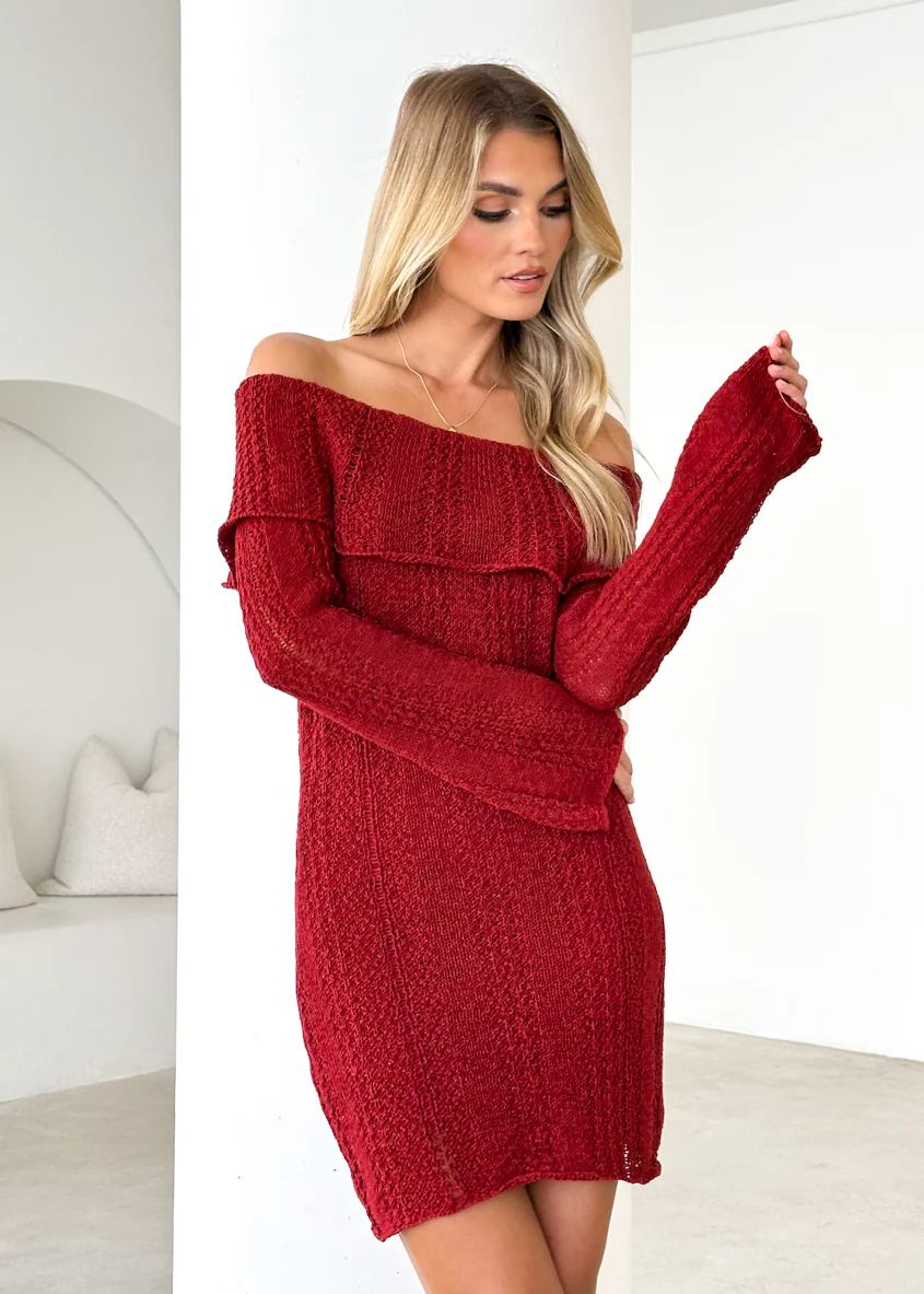 Luna Off Shoulder Knit Dress - Maroon - Honorern
