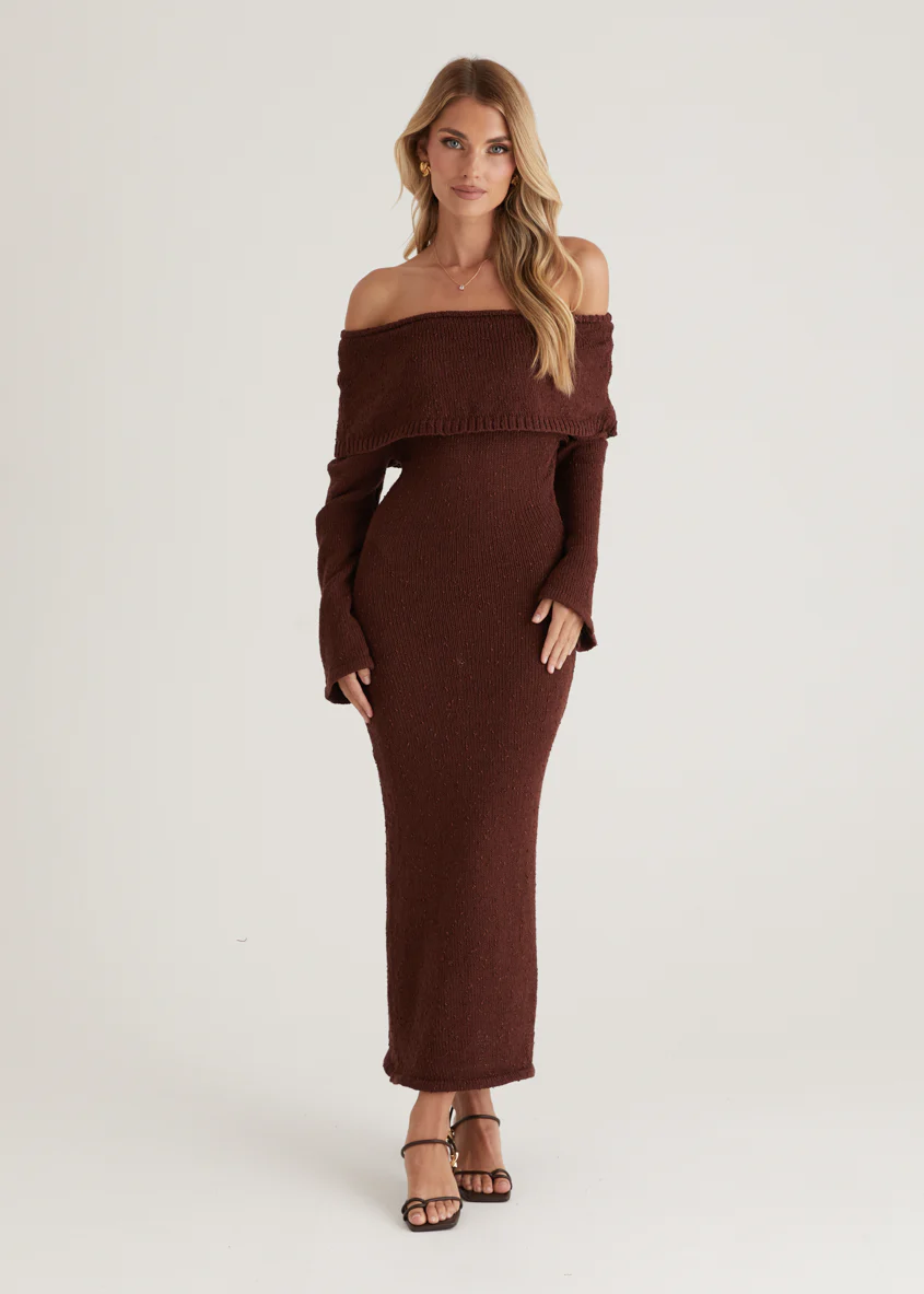 Sky Off Shoulder Knit Midi Dress - Chocolate - Honorern