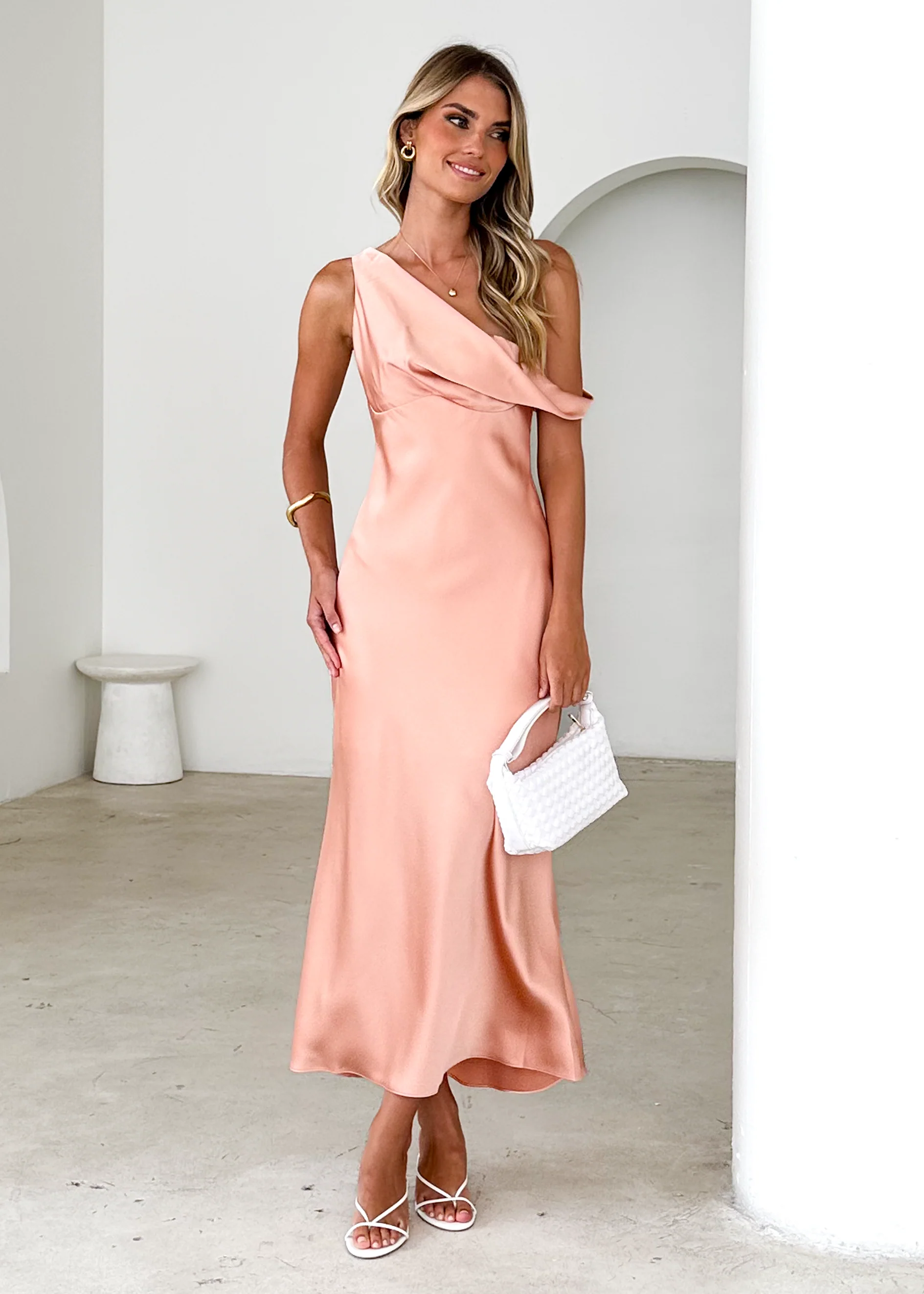 Draela One Shoulder Midi Dress - Peach - Honorern