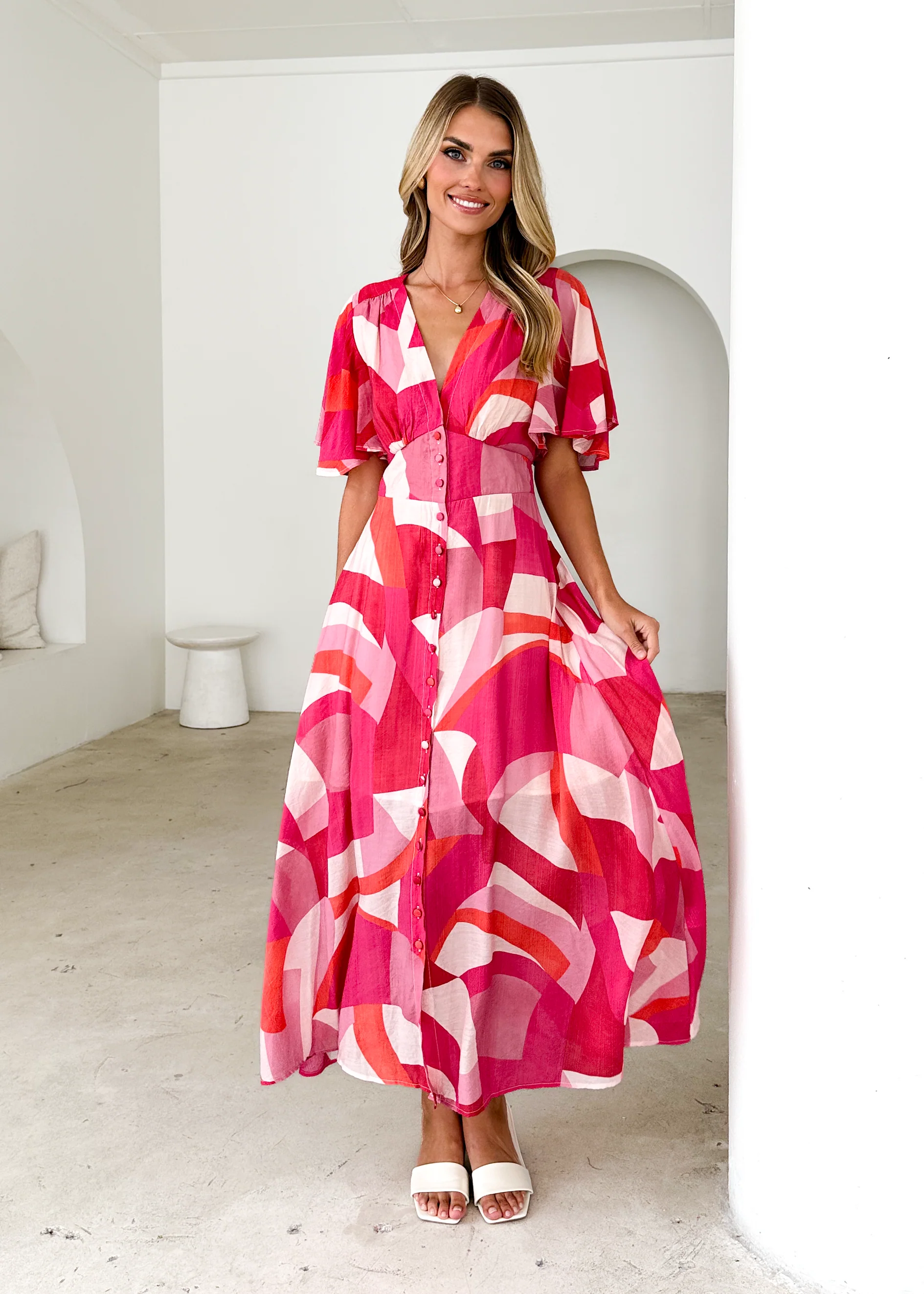 Jasmine Midi Dress - Pink Geo - Honorern
