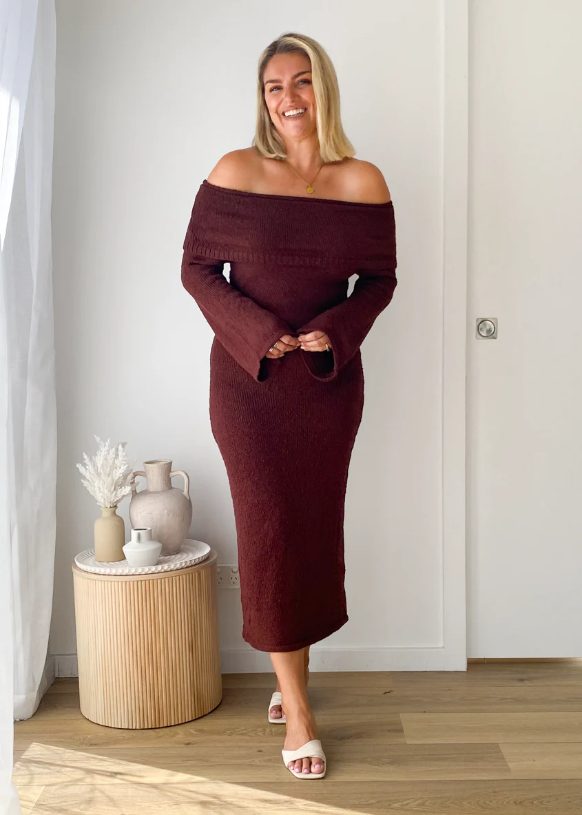 Sky Off Shoulder Knit Midi Dress - Chocolate - Honorern