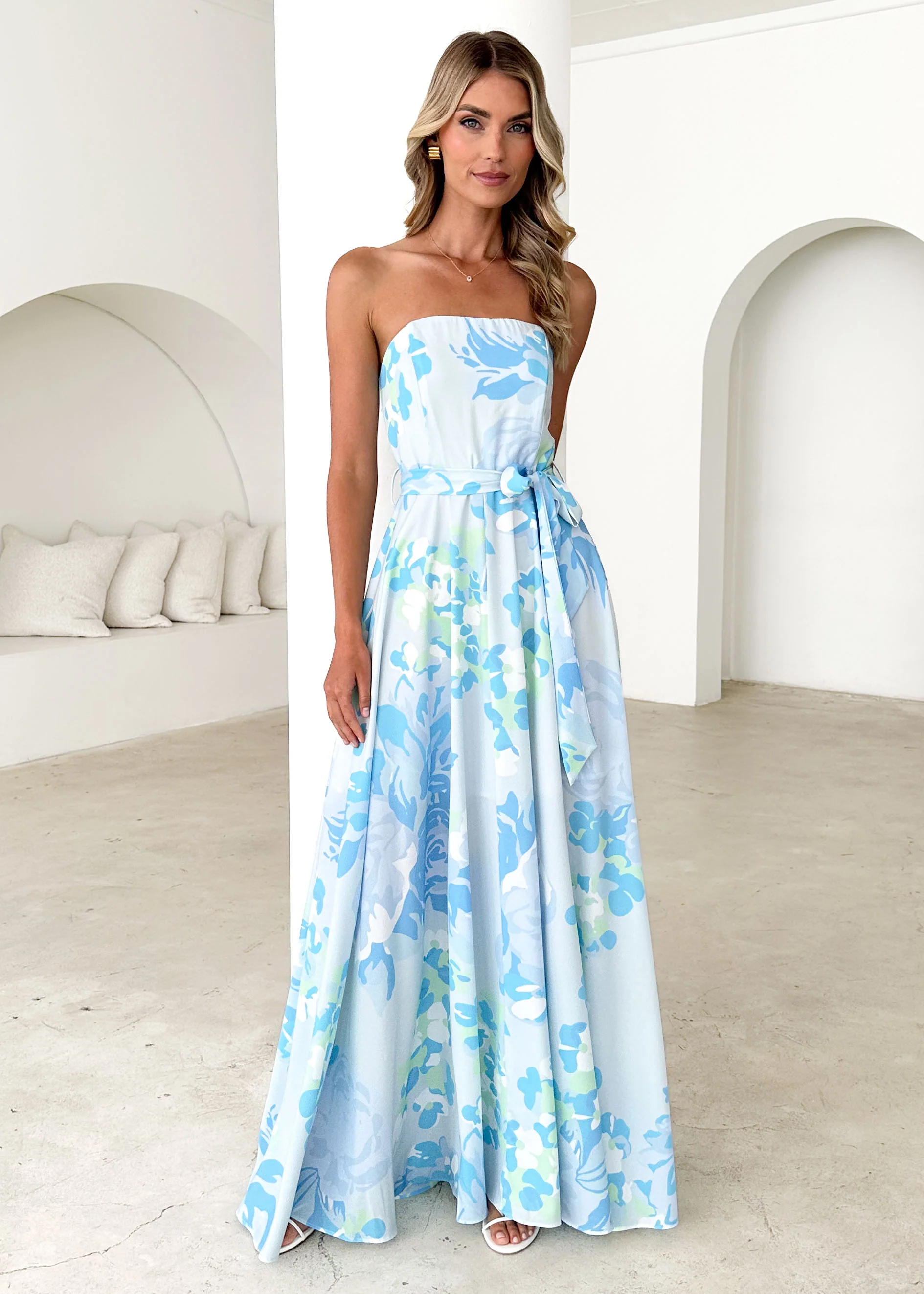 Jorgia Strapless Maxi Dress - Blue Floral - Honorern