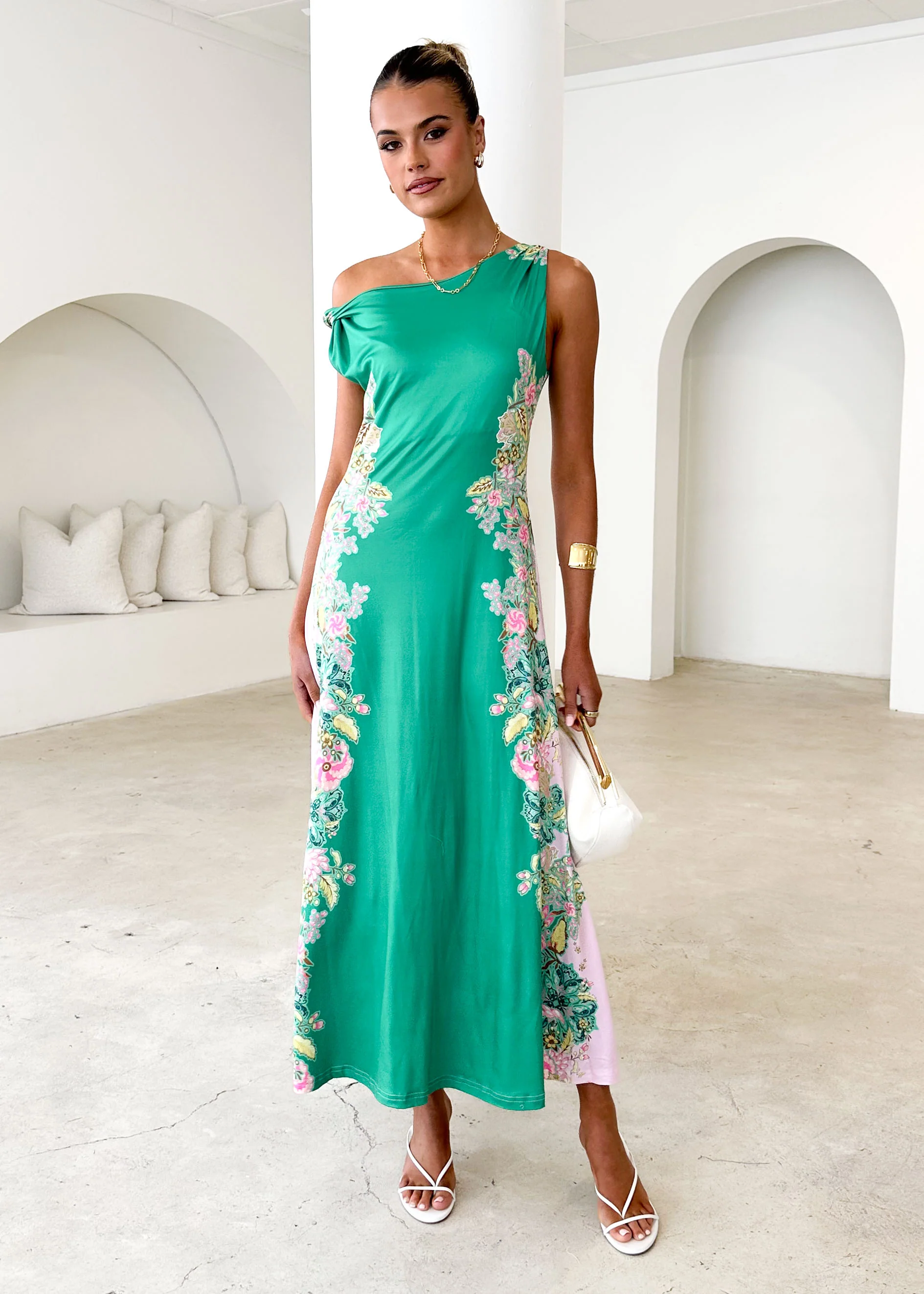 Blossom One Shoulder Maxi Dress - Green Gia - Honorern