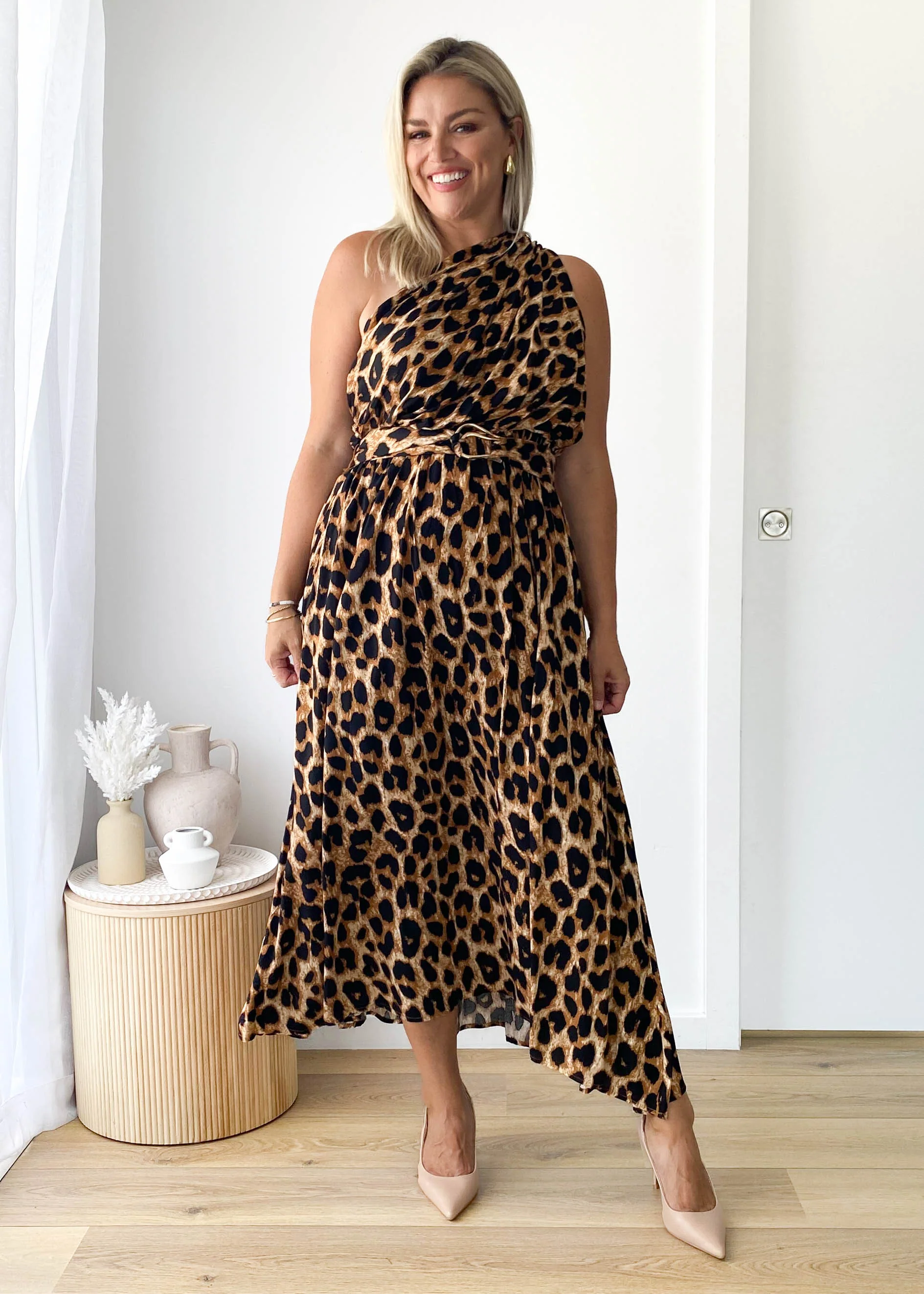 Korah One Shoulder Midi Dress - Leopard - Honorern