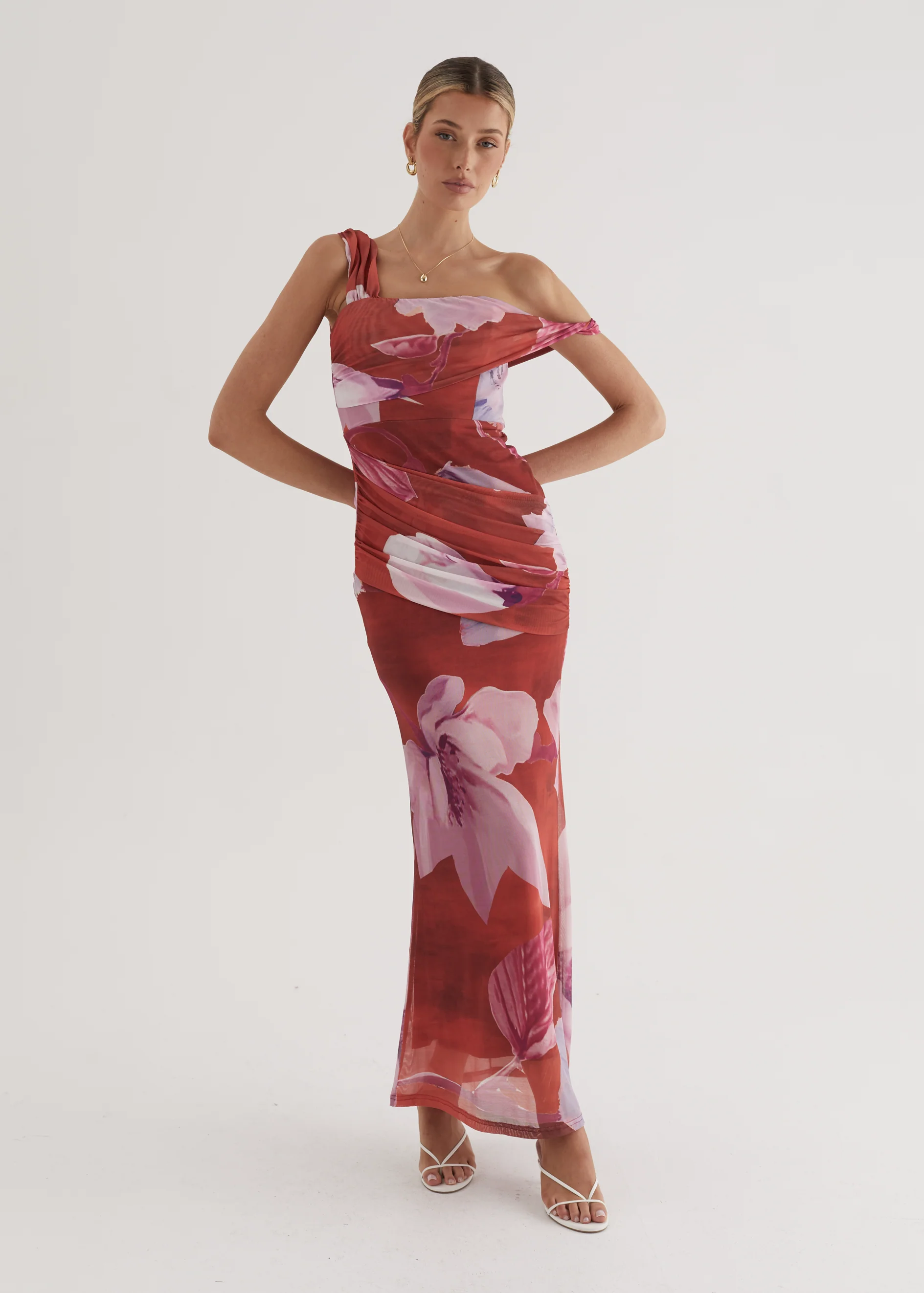 Helena Mesh Maxi Dress - Wine Flowers - Honorern