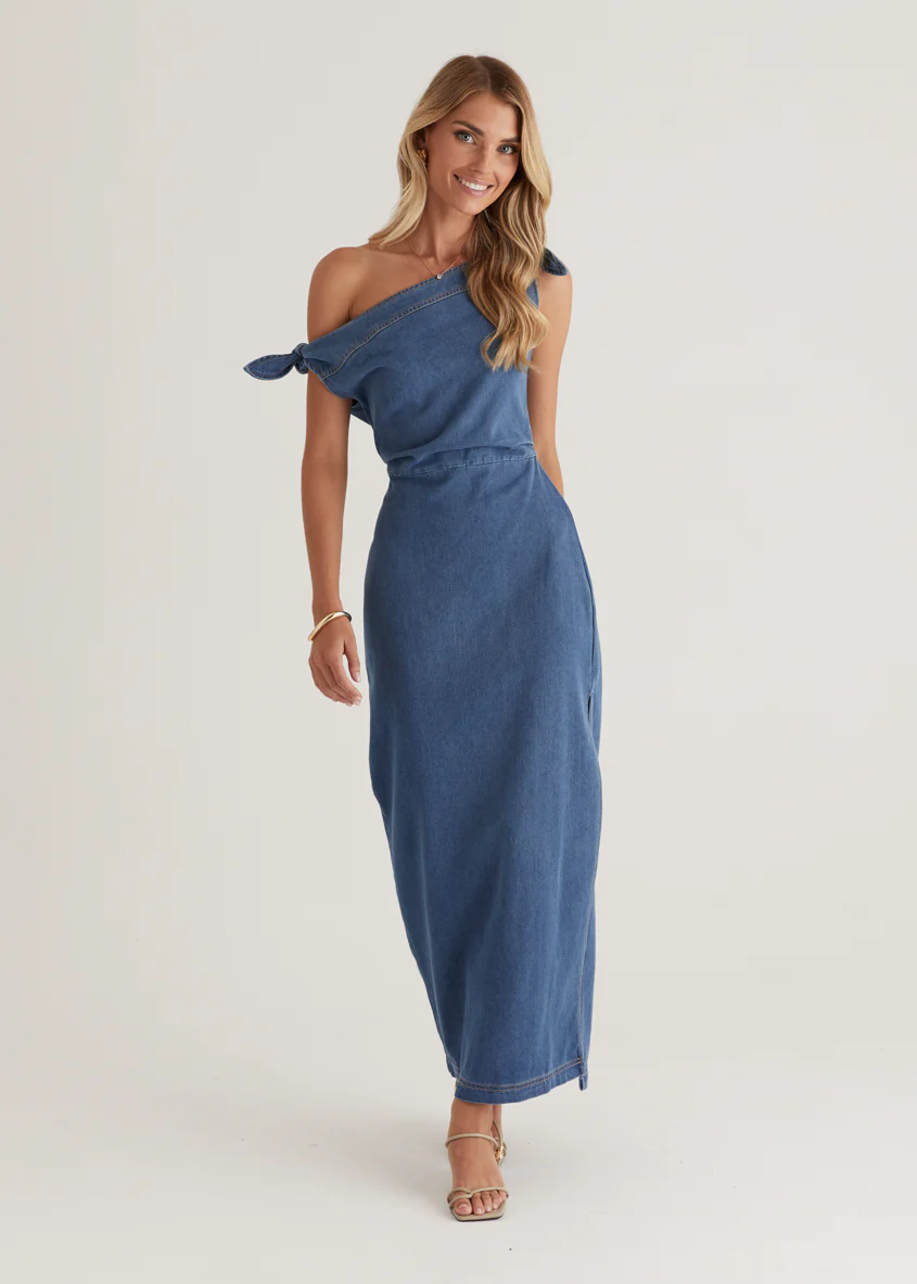 Sicilian One Shoulder Midi Dress - Mid Blue - Honorern