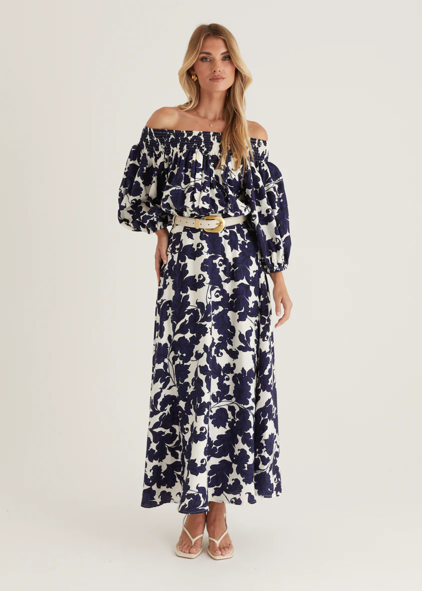 Talu Off Shoulder Midi Dress - Navy Paisley - Honorern