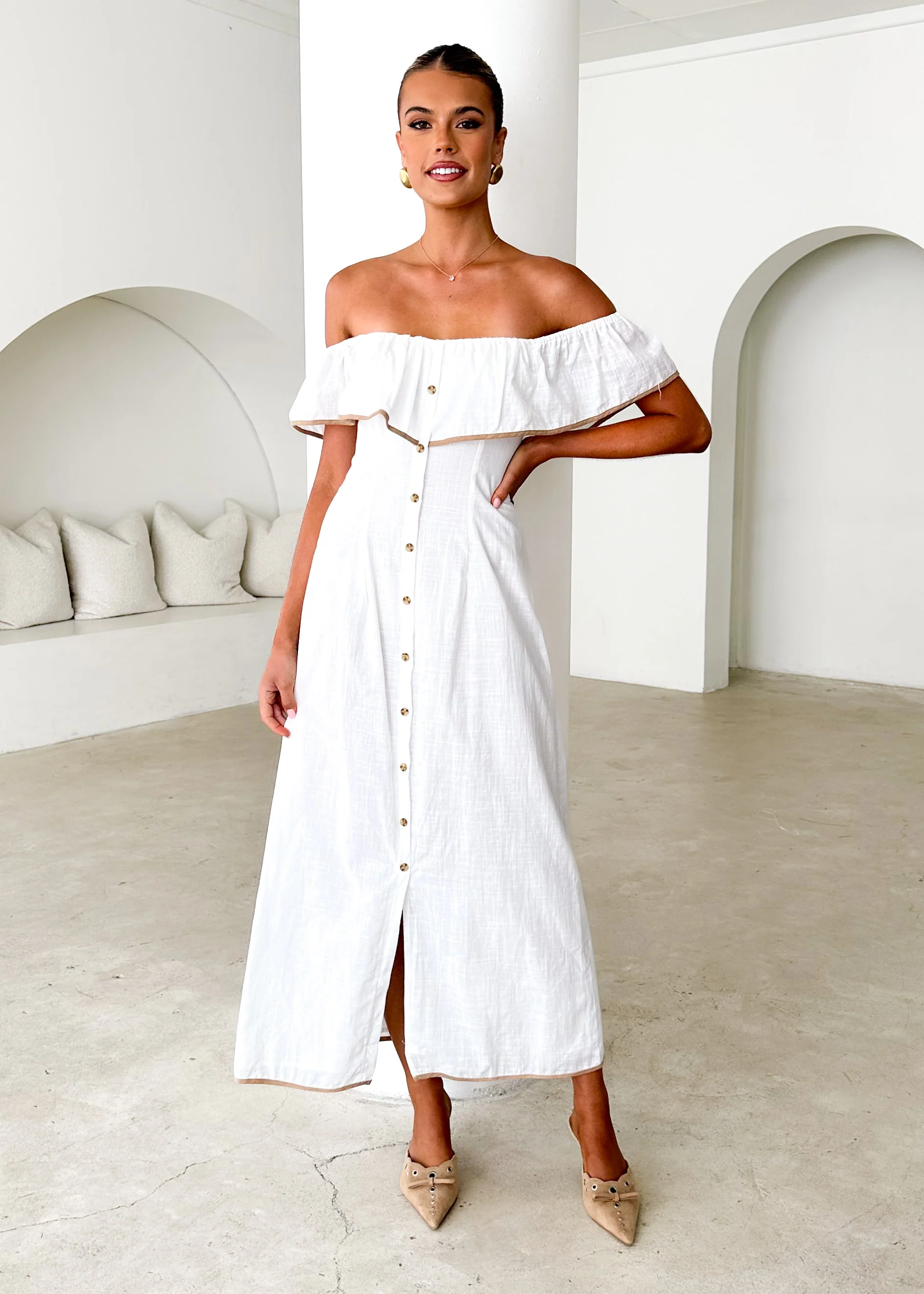 Genesis Off Shoulder Midi Dress - Off White - Honorern