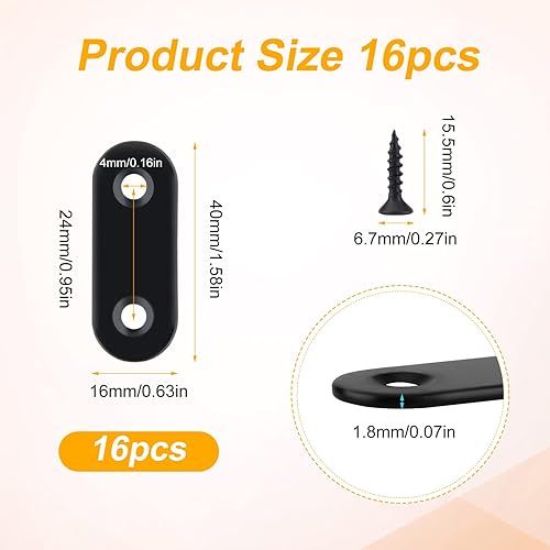 16 Pezzi Staffa Dritta Forata, 40x16mm Nero Staffe Piatte Dritte in Acciaio Inox Staffa Angolare Dritta Staffa per Piastra di Riparazione con Viti per Riparazione Mobili in Legno - Honorern