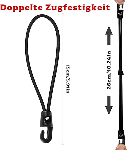 20 Pz Corda Elastica con Gancio, 15 cm Corde Elastiche con Gancio, Tenditori in Gomma per Teloni con Ganci, Tenditore in Gomma per Tende da Campeggio Telone Telo Piscina Fissaggio, Nero - Honorern