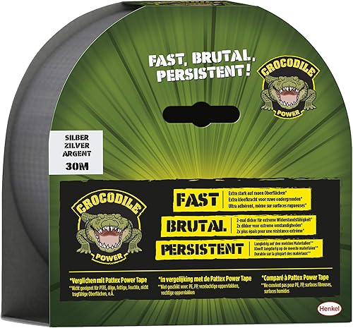 Pattex Nastro adesivo Crocodile Power, 30 m di resistenza, in tessuto nero a doppio spessore, estrema resistenza per le riparazioni più difficili, Duct Tape vari materiali - Honorern