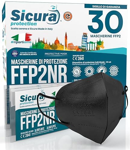 30 Mascherine FFP2 Certificate CE Nere Made in Italy con Elastici Neri e logo SICURA impresso BFE ≥99% Mascherina ffp2 italiana SANIFICATA e sigillata - Honorern