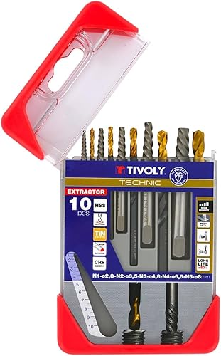 Set punte e estrattori viti rotte + punte HSS rivestite in TiN - Set di 5 punte e 5 estrattori N1 Ø 2,5mm/N2 Ø 3,2mm/N3 Ø 4,8mm/N4 Ø 6,5mm/N°5 Ø 8mm - Honorern