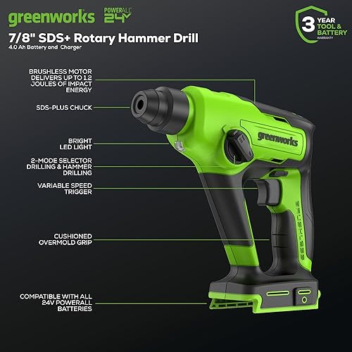 Greenworks Martello perforatore a batteria da 24 V, 1,2 J, con avvitatore a percussione 300 Nm, batteria da 2 Ah e caricatore - Honorern