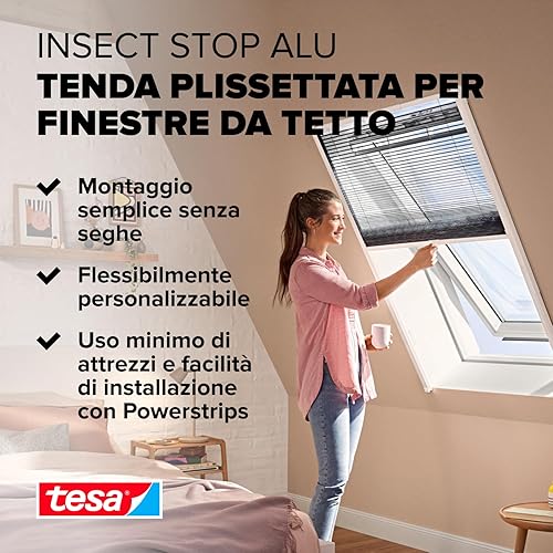 tesa Zanzariera Telescopica Plissettata in Alluminio - Rete a rullo per lucernari - Installazione senza forature grazie alla pratica tecnologia tesa Powerstrips® - Bianco - Honorern