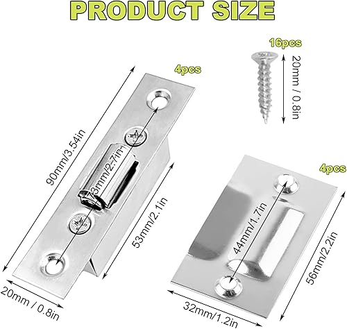 4 Paia di Chiusure a Rullo Nascoste, Chiusure a Rullo Silenziose in Acciaio Inossidabile, Chiusure per Porte Spesse con Viti per Camere da Letto, Bagni, Mobili, Armadi, Cucina (4, argenteo) - Honorern