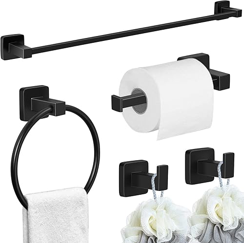 Set Portasciugamani da Bagno JiGiU - 5 Pezzi in Acciaio Inox Foratura da 60CM con Porta Carta Igienica+ Porta Carta Igienica + Anello per Asciugamani + Gancio Facile da Montare per Bagno e Cucina - Honorern