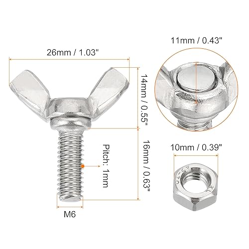 10pz Viti Farfalla a Ali M6-1x16mm Con 10pz Dadi, Viti Farfalla a Mano in Acciaio Inossidabile 304, Viti Farfalla a Mano a Testa a Farfalla - Honorern