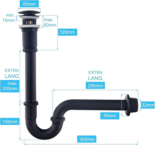 Set – Sifone con scarico con troppopieno per lavabo nero opaco – Keymark universale a tubo e valvola di scarico, in ottone, sifone pop-up, scarico lavabo - Honorern