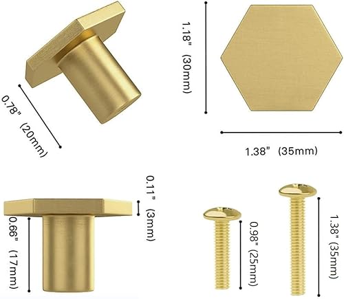 8 Pezzi Pomelli Dorati per Mobili, Maniglie in Ottone per Cassetti e Porte, Pomelli Esagonali per Armadi, Armadio da Cucina, Cassettiere, Comò, 35 x 20 mm, con Viti in 2 Misure - Honorern