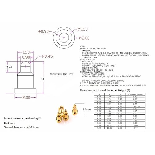 10PCS Spring Pogo Pin Connettore Diametro 2.0 MM,Height 18.0 mm - Honorern