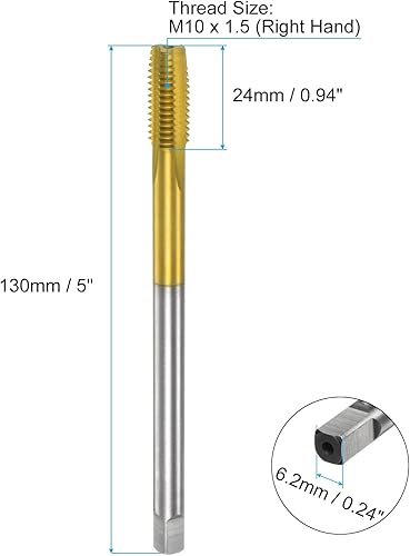 Maschio per Filettatura Metrica M10 x 1.5 H2 130mm Extra Lungo Rivestito =Titanio M35 Strumento Riparazione Fresatura Filetti Fresatura Viti Flauto Dritto Acciaio ad Alta Velocità - Honorern