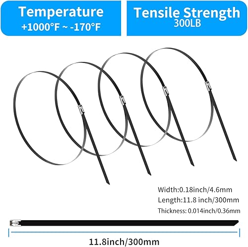 Fascette in metallo nero da 30 cm (confezione da 200), fascette in acciaio inossidabile 304 resistenti, resistenza alla trazione 136 kg, fascette autobloccanti multiuso per avvolgimento di - Honorern
