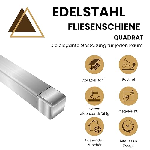 5 binari quadrati in acciaio inox V2A, listello per piastrelle, profilo piastrellato, 250 cm x 10 mm, spazzolato - Honorern