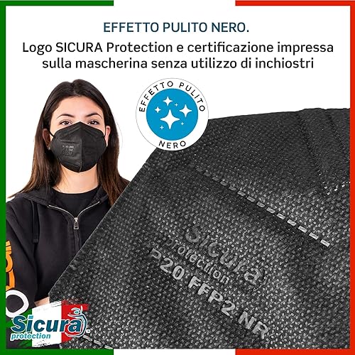 30 Mascherine FFP2 Certificate CE Nere Made in Italy con Elastici Neri e logo SICURA impresso BFE ≥99% Mascherina ffp2 italiana SANIFICATA e sigillata - Honorern