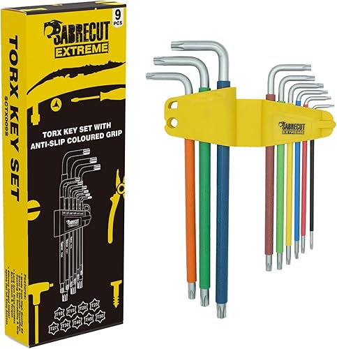 9 pezzi SabreCut SCTX009S Set di chiavi Torx extra lunghe con impugnatura morbida con codifica a colori - Taglie T10-T50 - Honorern