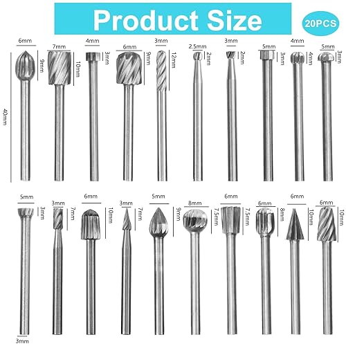 20 Pezzi Set di Punte da Trapano per Intaglio del Legno, Punte in Acciaio ad Alta Durezza HSS per Lavorazione del Legno, Accessori per Utensili Rotanti da 1/8'' (3 mm Larghezza albero) per Intaglio - Honorern