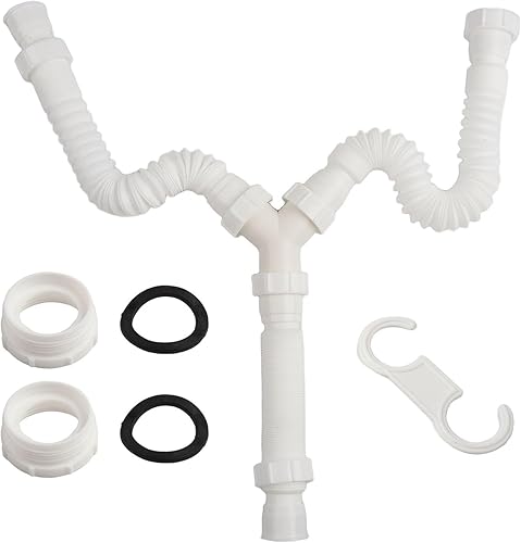 GLFLOW Doppio sifone, kit di scarico flessibile per doppio lavello: kit di sifone regolabile da 20 a 80 cm, per lavelli G1-1/2 e G1-1/4 per lavelli, lavelli - Honorern