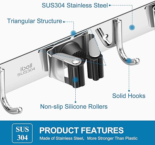 Portascopa e Portaspazzole Da Muro, Portascope da Muro Appendi in Acciaio Inossidabile con 3 Posti e 4 Ganci, Supporto Parete Autoadesivo per Scopa e Porta Utensili per Giardino, Garage - Honorern