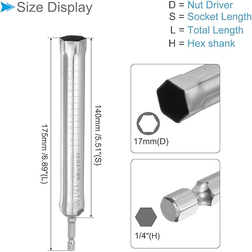 Presa Cava, Dimensioni 17mm Lunghezza 140mm Attacco Esagonale 1/4', Chiave Bussola 6 Punti Dadi Potenza Cambio Rapido - (Applicazioni: Viti Filettate Lunghe/Bulloni/Studi) - Honorern