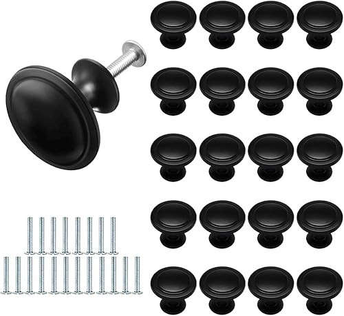 20 Pezzi Nero Opaco Pomelli per Porta, Pomelli per Mobili con Viti, Manopole per Cassetti, Maniglie per Mobili, Ø27mm Pomolo per Mobile, per Porta, Armadio, Cassetto e Credenza - Honorern