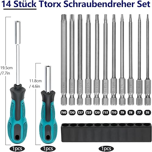 14 Pezzi Set Inserti Torx per Avvitatore Professionali,10cm Cacciaviti Torx con Foro,1/4' Cacciavite Torx Bit,Torx Lunghe Magnetiche,Punte di Tipo Torx per Riparare Macchinari e Attrezzature - Honorern