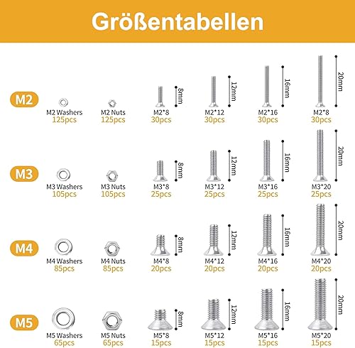 Set di 1120 viti a testa svasata M3 M4 M5 M6 con esagono incassato esagonale, set di viti a testa svasata A2 – 70 pezzi, in acciaio inox a testa svasata e rondelle, con scatola nera - Honorern