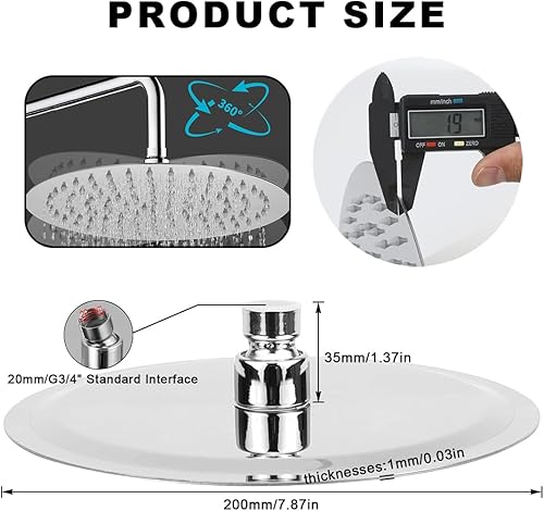 Testa doccia a pioggia 8Pollici Regolabile Testa Doccia Lime Ugello per Doccia Risparmio Acqua Lucidato Specchio Effetto Soffione con Funzione Doccia A Pioggia (Shower Head Large,Shower Head) - Honorern