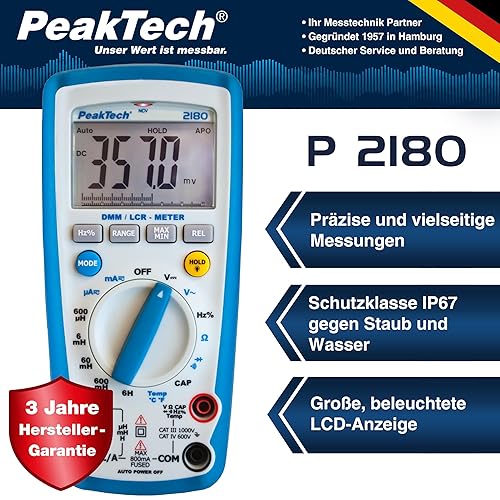Peaktech P 2180 – Multimetro Digitale con Lcr, Resistenza, Capacità, Induttanza, 6000 Conteggi, Autorange, Amperometro, Tester di Continuità, Schermo LCD Illuminato - Cat Iii 1000 V - Honorern